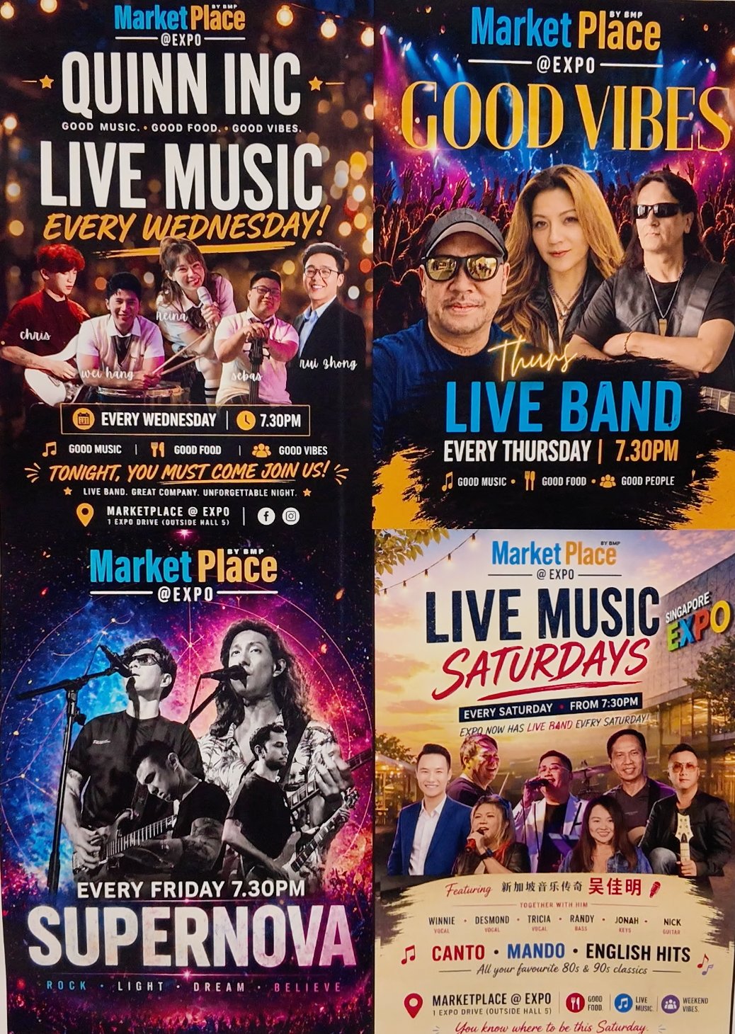 MarketPlace @ Expo live music posters: Quinn Inc on Wednesdays, Good Vibes on Thursdays, Supernova on Fridays and Live Music Saturdays, all from 7.30pm
